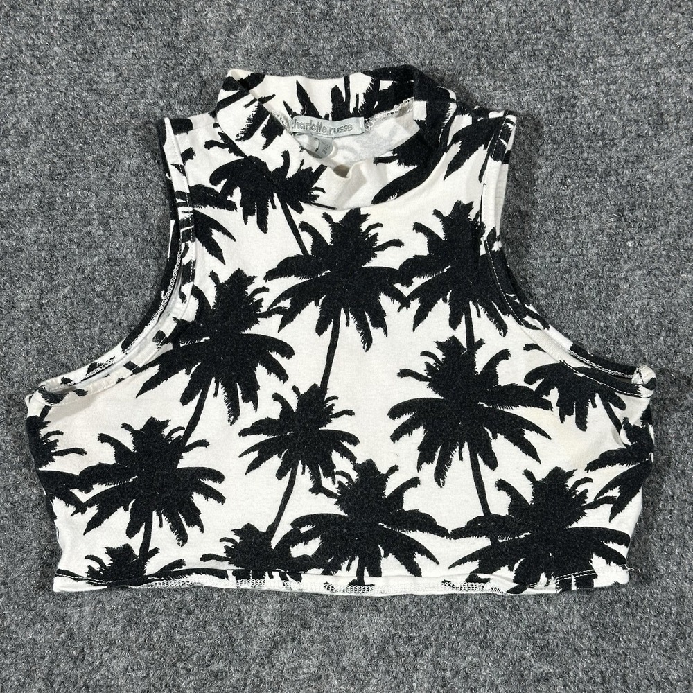 Charlotte Russe Womens Small‎ White Black Palm Tree Print Mock Neck Crop Top USA